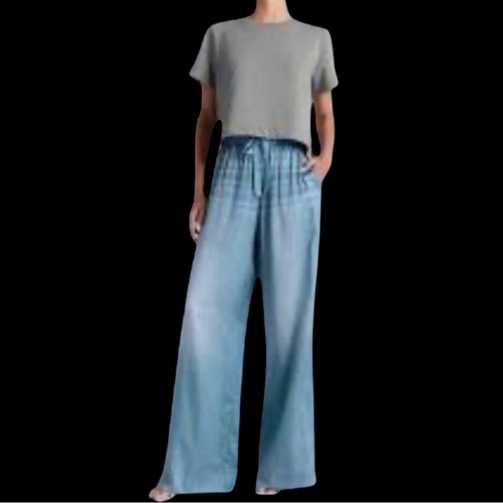 Kate‎ Young x Splendid Wide Leg Silk Blend Denim Print Pants NWT